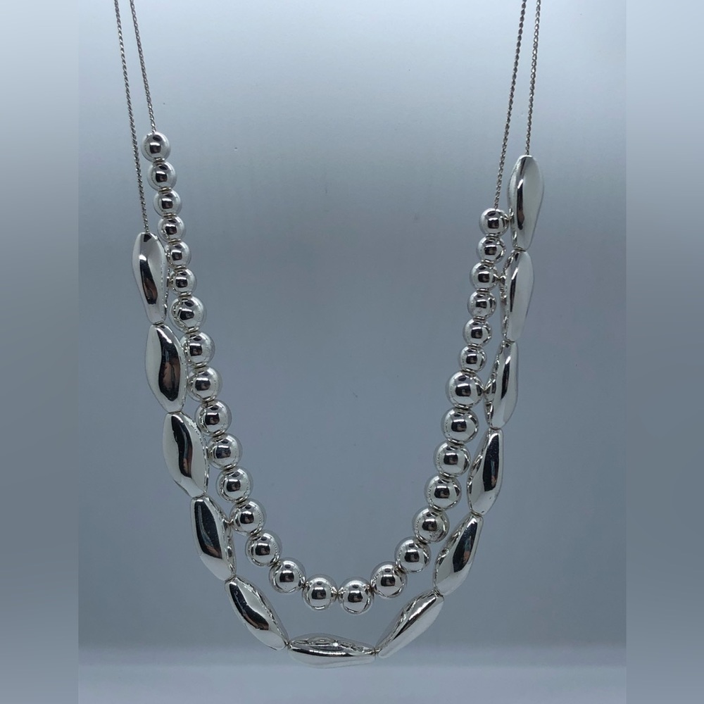 Double Strand Silver Tone Beaded Necklace